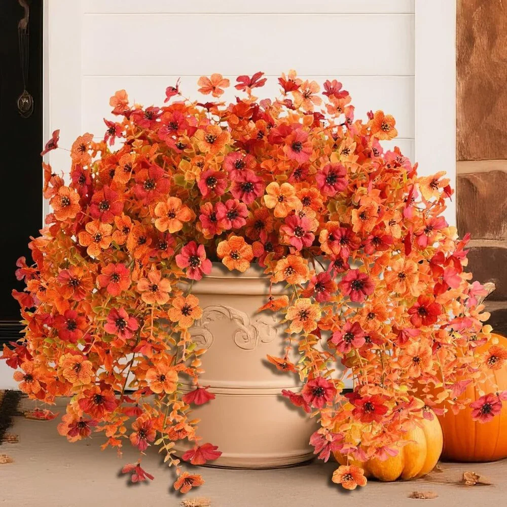 Orange Fall Red Artificial Hanging Faux 2-Pcs Flowers Plants Outdoors Home Decor